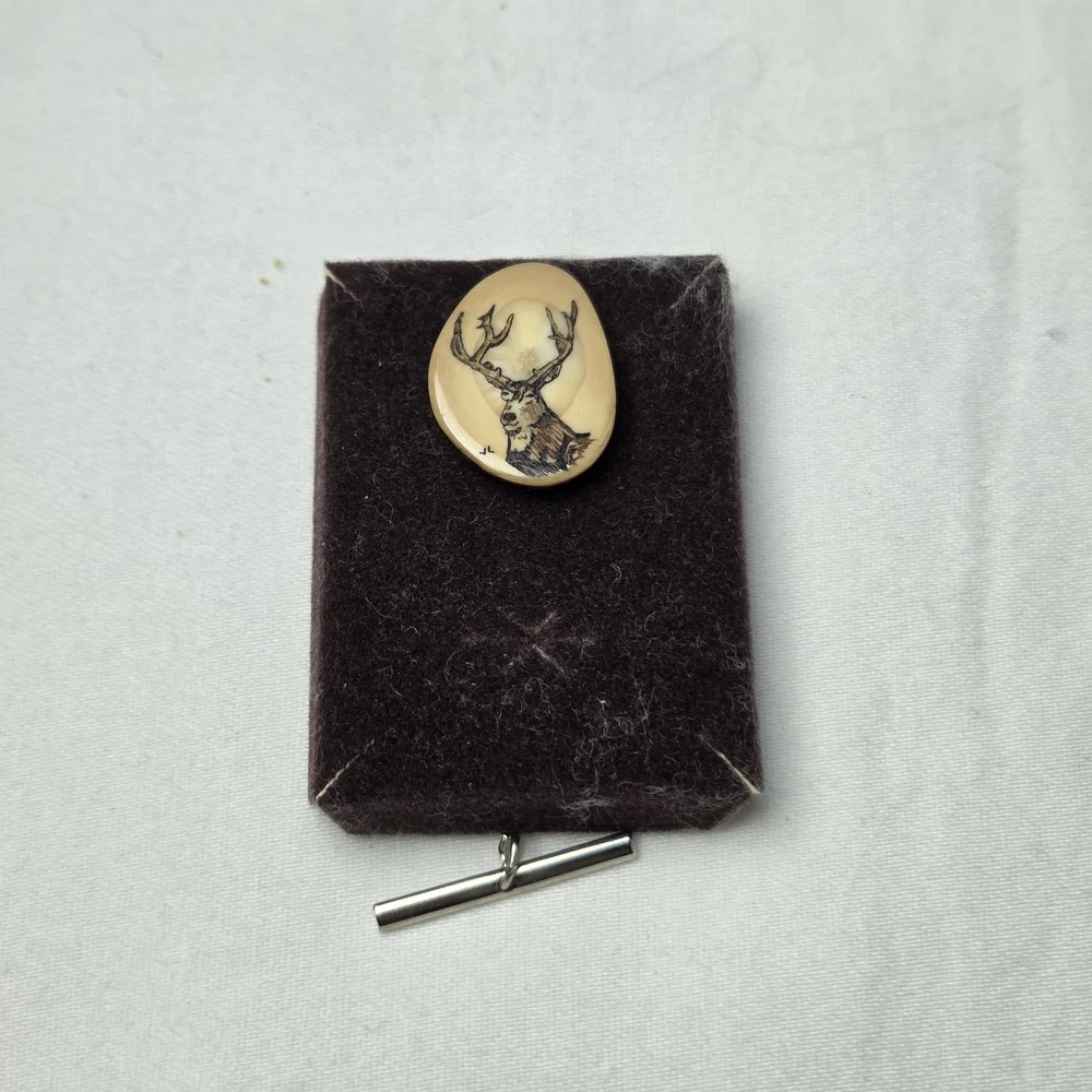 Schrimshaw Fossil Walrus Ivory Elegant Tan Elk Head Tie Pin